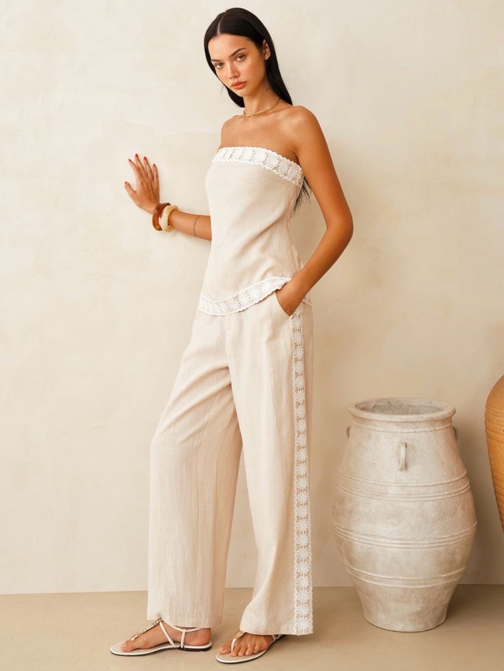 Commense Cream Strapless Wide-Leg Pantsuit with Lace Trim
